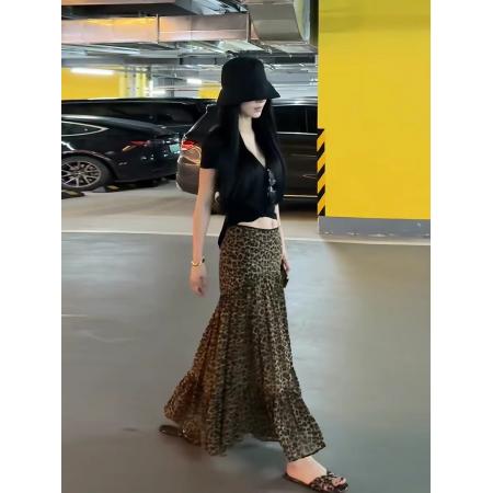 BY15806# 法式复古开叉豹纹半身裙女夏季新款甜酷辣妹风低腰包臀中长裙  服裝批發女裝批發服飾貨源