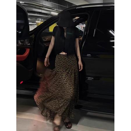 BY15806# 法式复古开叉豹纹半身裙女夏季新款甜酷辣妹风低腰包臀中长裙  服裝批發女裝批發服飾貨源