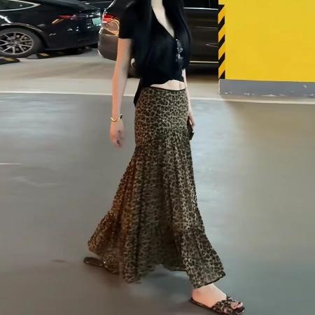 BY15806# 法式复古开叉豹纹半身裙女夏季新款甜酷辣妹风低腰包臀中长裙  服裝批發女裝批發服飾貨源