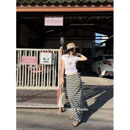 BY15807# 早春新款高腰显瘦时尚英伦风复古条纹半裙百搭中长款半身裙  服裝批發女裝批發服飾貨源