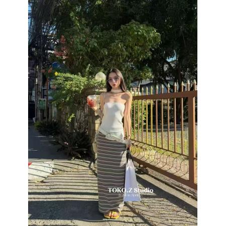 BY15807# 早春新款高腰显瘦时尚英伦风复古条纹半裙百搭中长款半身裙  服裝批發女裝批發服飾貨源