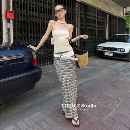 BY15807# 早春新款高腰显瘦时尚英伦风复古条纹半裙百搭中长款半身裙  服裝批發女裝批發服飾貨源