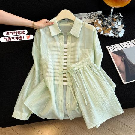 BY15808# 夏日绝美套装一整套夏季长袖防晒衬衫背心短裤三件套潮  服裝批發女裝批發服飾貨源