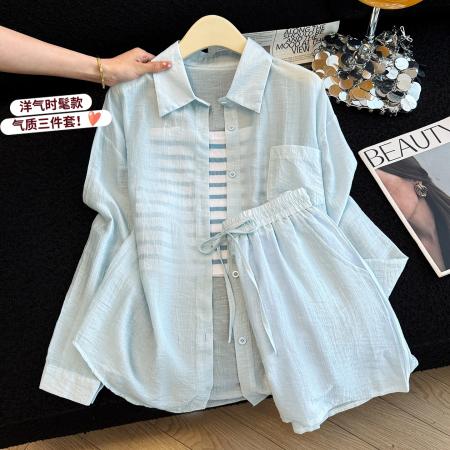 BY15808# 夏日绝美套装一整套夏季长袖防晒衬衫背心短裤三件套潮  服裝批發女裝批發服飾貨源