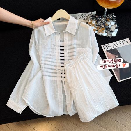 BY15808# 夏日绝美套装一整套夏季长袖防晒衬衫背心短裤三件套潮  服裝批發女裝批發服飾貨源