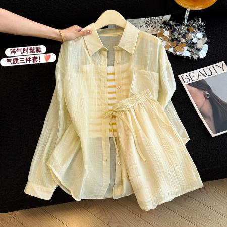 BY15808# 夏日绝美套装一整套夏季长袖防晒衬衫背心短裤三件套潮  服裝批發女裝批發服飾貨源