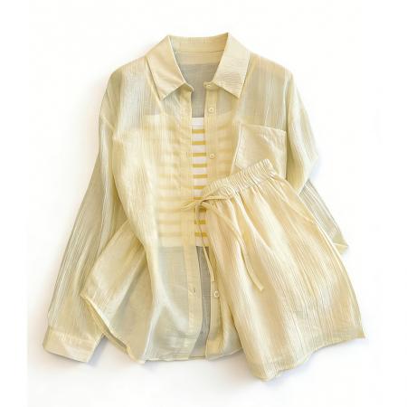 BY15808# 夏日绝美套装一整套夏季长袖防晒衬衫背心短裤三件套潮  服裝批發女裝批發服飾貨源