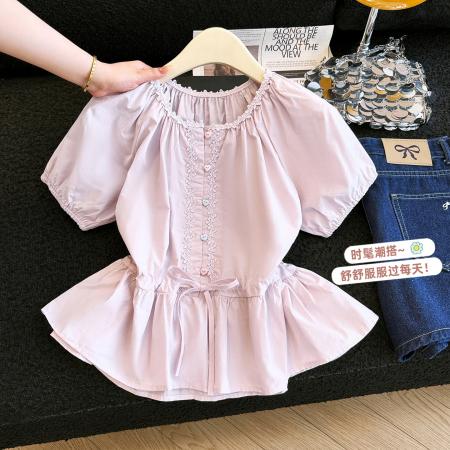 BY15809# 短袖衬衫女泡泡袖花边领娃娃衫夏新款蕾丝荷叶边别致短款上衣  服裝批發女裝批發服飾貨源