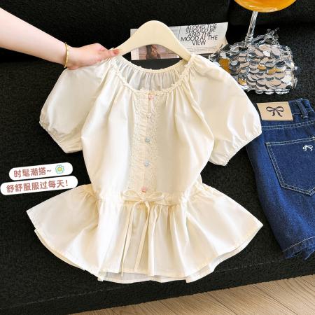 BY15809# 短袖衬衫女泡泡袖花边领娃娃衫夏新款蕾丝荷叶边别致短款上衣  服裝批發女裝批發服飾貨源