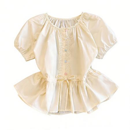 BY15809# 短袖衬衫女泡泡袖花边领娃娃衫夏新款蕾丝荷叶边别致短款上衣  服裝批發女裝批發服飾貨源