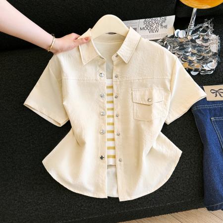 BY15810# 夏季多巴胺穿搭短袖奶黄色衬衫外套外搭短外套开衫二件套  服裝批發女裝批發服飾貨源