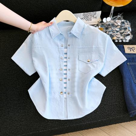 BY15810# 夏季多巴胺穿搭短袖奶黄色衬衫外套外搭短外套开衫二件套  服裝批發女裝批發服飾貨源