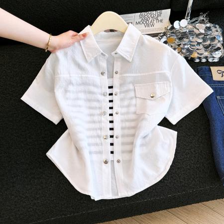 BY15810# 夏季多巴胺穿搭短袖奶黄色衬衫外套外搭短外套开衫二件套  服裝批發女裝批發服飾貨源