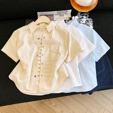 BY15810# 夏季多巴胺穿搭短袖奶黄色衬衫外套外搭短外套开衫二件套  服裝批發女裝批發服飾貨源