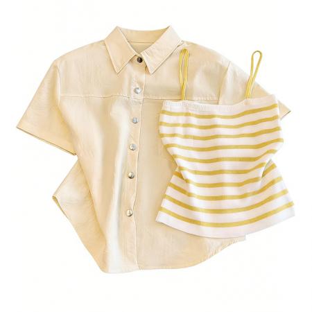 BY15810# 夏季多巴胺穿搭短袖奶黄色衬衫外套外搭短外套开衫二件套  服裝批發女裝批發服飾貨源