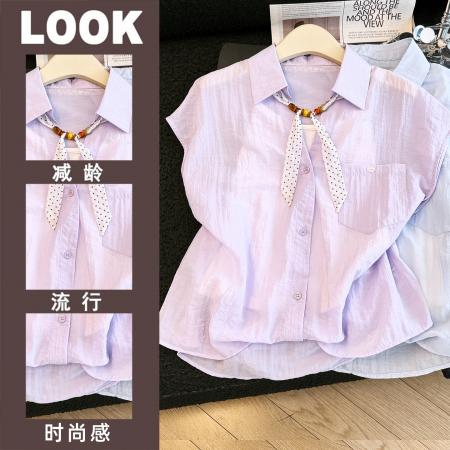 BY15811# 天丝衬衫女上衣短袖夏季新款韩版宽松高级感薄小个子衬衣小衫  服裝批發女裝批發服飾貨源