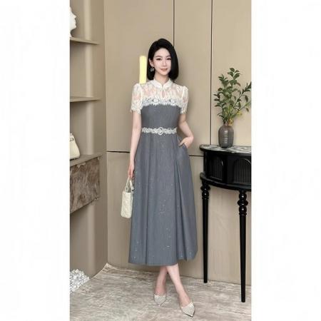 BY15812# 新中式简约蕾丝赫本拼接连衣裙收腰新款显瘦气质过膝长裙  服裝批發女裝批發服飾貨源
