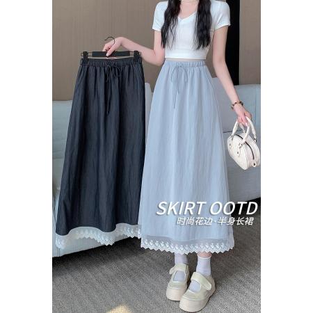 BY15819# 半身裙中长款女夏新款复古休闲长裙蕾丝拼接松紧高腰a字裙潮  服裝批發女裝批發服飾貨源