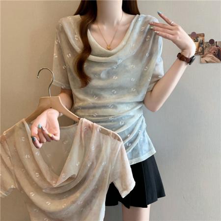 BY15827# 夏季胖妹妹显瘦甜美风荡领短袖不规则设计感上衣小衫T恤  服裝批發女裝批發服飾貨源