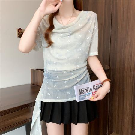 BY15827# 夏季胖妹妹显瘦甜美风荡领短袖不规则设计感上衣小衫T恤  服裝批發女裝批發服飾貨源