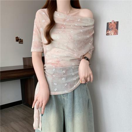 BY15827# 夏季胖妹妹显瘦甜美风荡领短袖不规则设计感上衣小衫T恤  服裝批發女裝批發服飾貨源