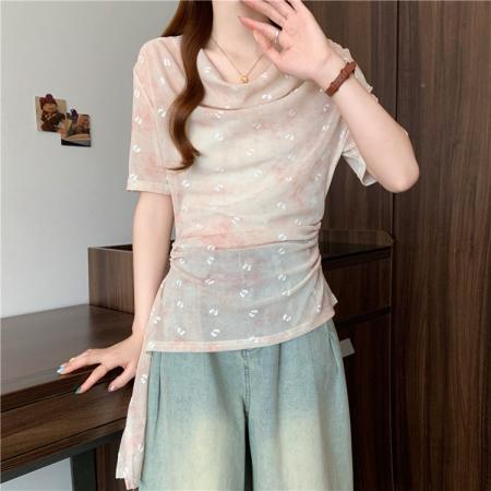 BY15827# 夏季胖妹妹显瘦甜美风荡领短袖不规则设计感上衣小衫T恤  服裝批發女裝批發服飾貨源