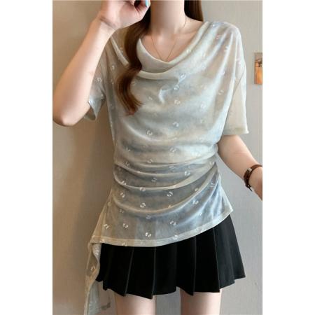 BY15827# 夏季胖妹妹显瘦甜美风荡领短袖不规则设计感上衣小衫T恤  服裝批發女裝批發服飾貨源