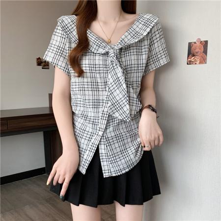 BY15828# 格子正肩短袖衬衫修身短款不规则斜肩小衫衬衣蝴蝶结上衣  服裝批發女裝批發服飾貨源