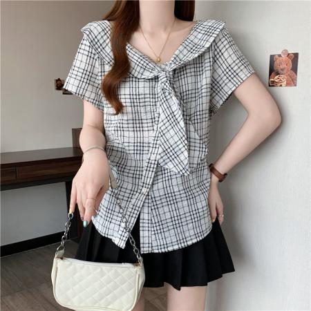 BY15828# 格子正肩短袖衬衫修身短款不规则斜肩小衫衬衣蝴蝶结上衣  服裝批發女裝批發服飾貨源