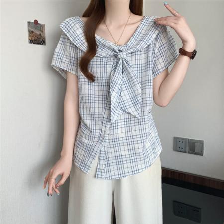 BY15828# 格子正肩短袖衬衫修身短款不规则斜肩小衫衬衣蝴蝶结上衣  服裝批發女裝批發服飾貨源
