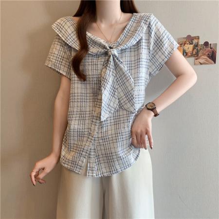 BY15828# 格子正肩短袖衬衫修身短款不规则斜肩小衫衬衣蝴蝶结上衣  服裝批發女裝批發服飾貨源