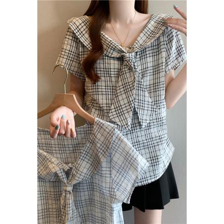 BY15828# 格子正肩短袖衬衫修身短款不规则斜肩小衫衬衣蝴蝶结上衣  服裝批發女裝批發服飾貨源