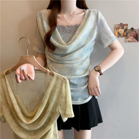 BY15829# 法式扎染拼接褶皱荡领短袖T恤不规则修身显瘦减龄上衣  服裝批發女裝批發服飾貨源