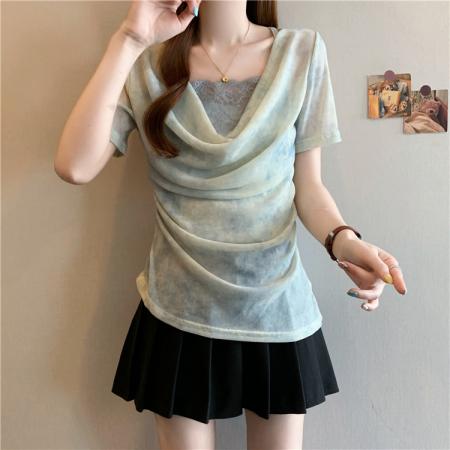 BY15829# 法式扎染拼接褶皱荡领短袖T恤不规则修身显瘦减龄上衣  服裝批發女裝批發服飾貨源