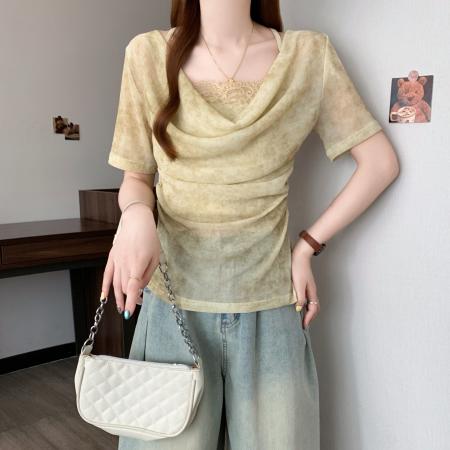 BY15829# 法式扎染拼接褶皱荡领短袖T恤不规则修身显瘦减龄上衣  服裝批發女裝批發服飾貨源