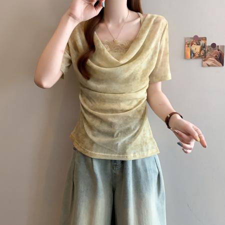 BY15829# 法式扎染拼接褶皱荡领短袖T恤不规则修身显瘦减龄上衣  服裝批發女裝批發服飾貨源