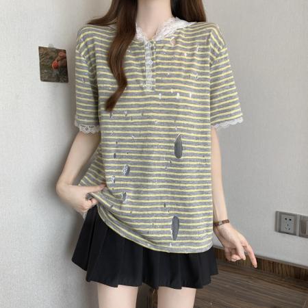 BY15830# 大码胖mm夏季新款蕾丝拼接条纹设计感宽松破洞连帽上衣  服裝批發女裝批發服飾貨源