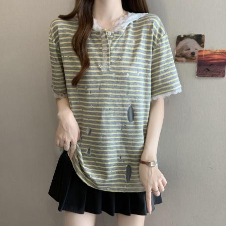 BY15830# 大码胖mm夏季新款蕾丝拼接条纹设计感宽松破洞连帽上衣  服裝批發女裝批發服飾貨源