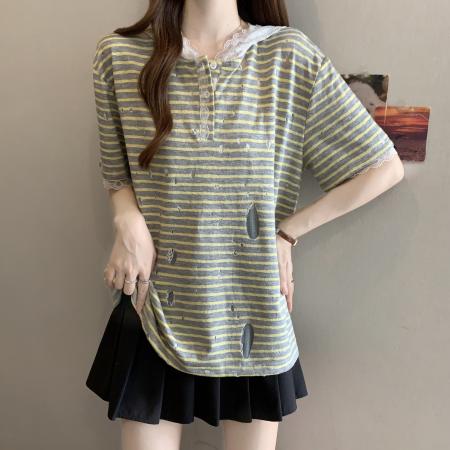 BY15830# 大码胖mm夏季新款蕾丝拼接条纹设计感宽松破洞连帽上衣  服裝批發女裝批發服飾貨源