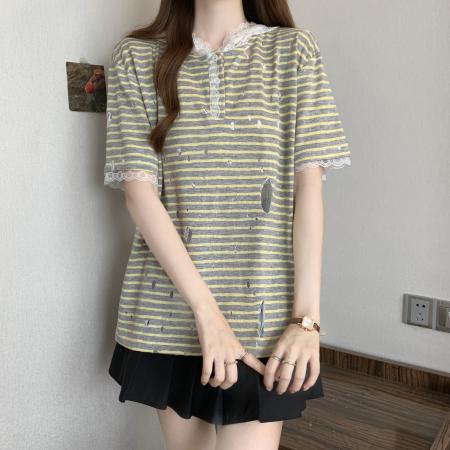 BY15830# 大码胖mm夏季新款蕾丝拼接条纹设计感宽松破洞连帽上衣  服裝批發女裝批發服飾貨源