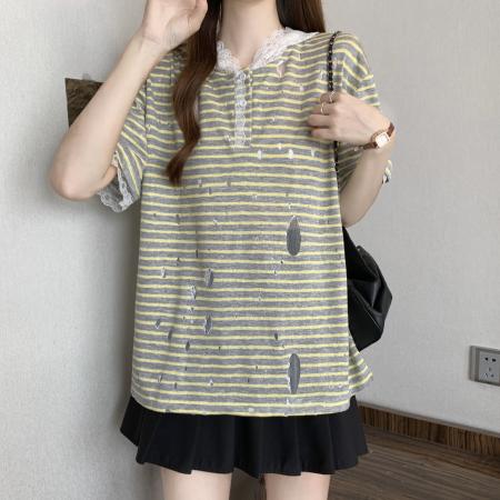 BY15830# 大码胖mm夏季新款蕾丝拼接条纹设计感宽松破洞连帽上衣  服裝批發女裝批發服飾貨源