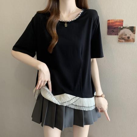 BY15831# 大码胖mm夏季新款不规则荷叶边拼接显瘦复古钉珠女T上衣  服裝批發女裝批發服飾貨源