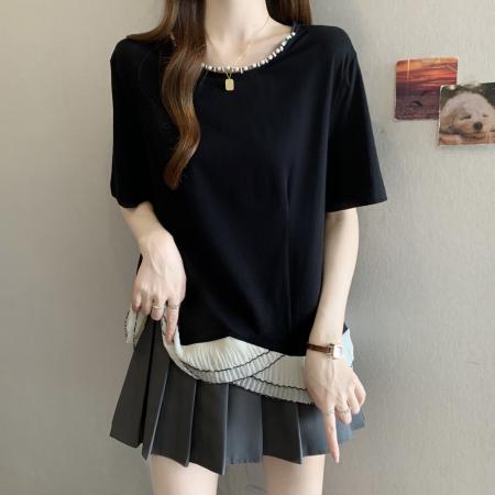 BY15831# 大码胖mm夏季新款不规则荷叶边拼接显瘦复古钉珠女T上衣  服裝批發女裝批發服飾貨源