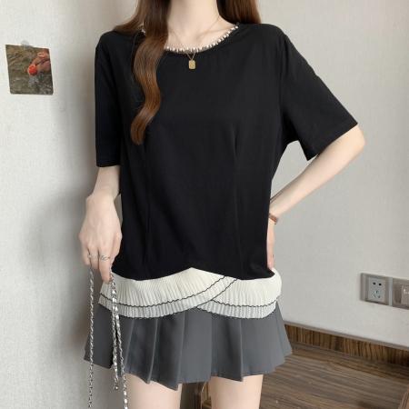 BY15831# 大码胖mm夏季新款不规则荷叶边拼接显瘦复古钉珠女T上衣  服裝批發女裝批發服飾貨源