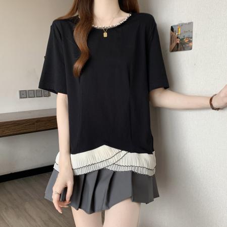 BY15831# 大码胖mm夏季新款不规则荷叶边拼接显瘦复古钉珠女T上衣  服裝批發女裝批發服飾貨源