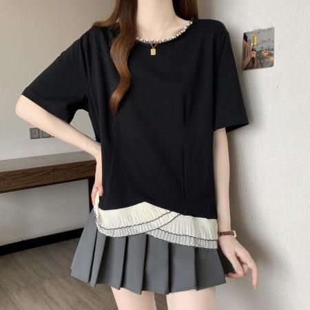 BY15831# 大码胖mm夏季新款不规则荷叶边拼接显瘦复古钉珠女T上衣  服裝批發女裝批發服飾貨源