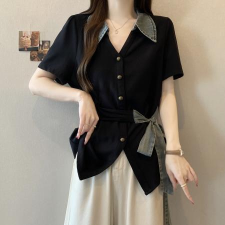 BY15832# 大码胖mm夏季新款收腰短袖衬衫显瘦绑带牛仔拼接上衣女  服裝批發女裝批發服飾貨源