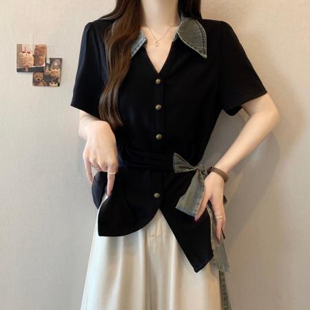 BY15832# 大码胖mm夏季新款收腰短袖衬衫显瘦绑带牛仔拼接上衣女  服裝批發女裝批發服飾貨源
