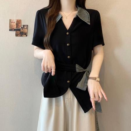 BY15832# 大码胖mm夏季新款收腰短袖衬衫显瘦绑带牛仔拼接上衣女  服裝批發女裝批發服飾貨源