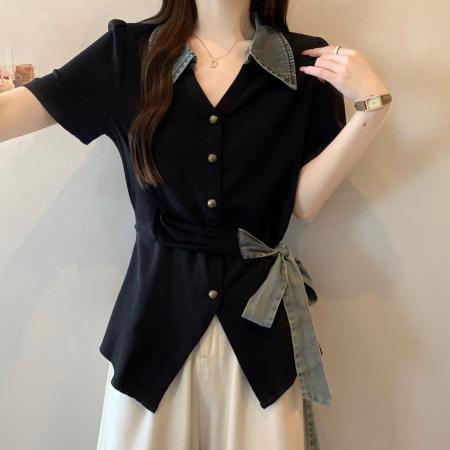 BY15832# 大码胖mm夏季新款收腰短袖衬衫显瘦绑带牛仔拼接上衣女  服裝批發女裝批發服飾貨源